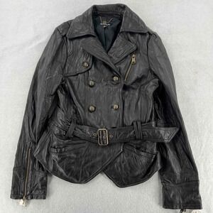 Bebe Women's Leather Black Pocket Moto Jacket Size Medium Belted Classic